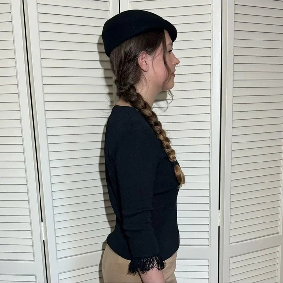 Women’s Black Sweater - Cyrus - Scoop Neck & 3/4 Sleeves with Fringe - Size M - Picture 4 of 16